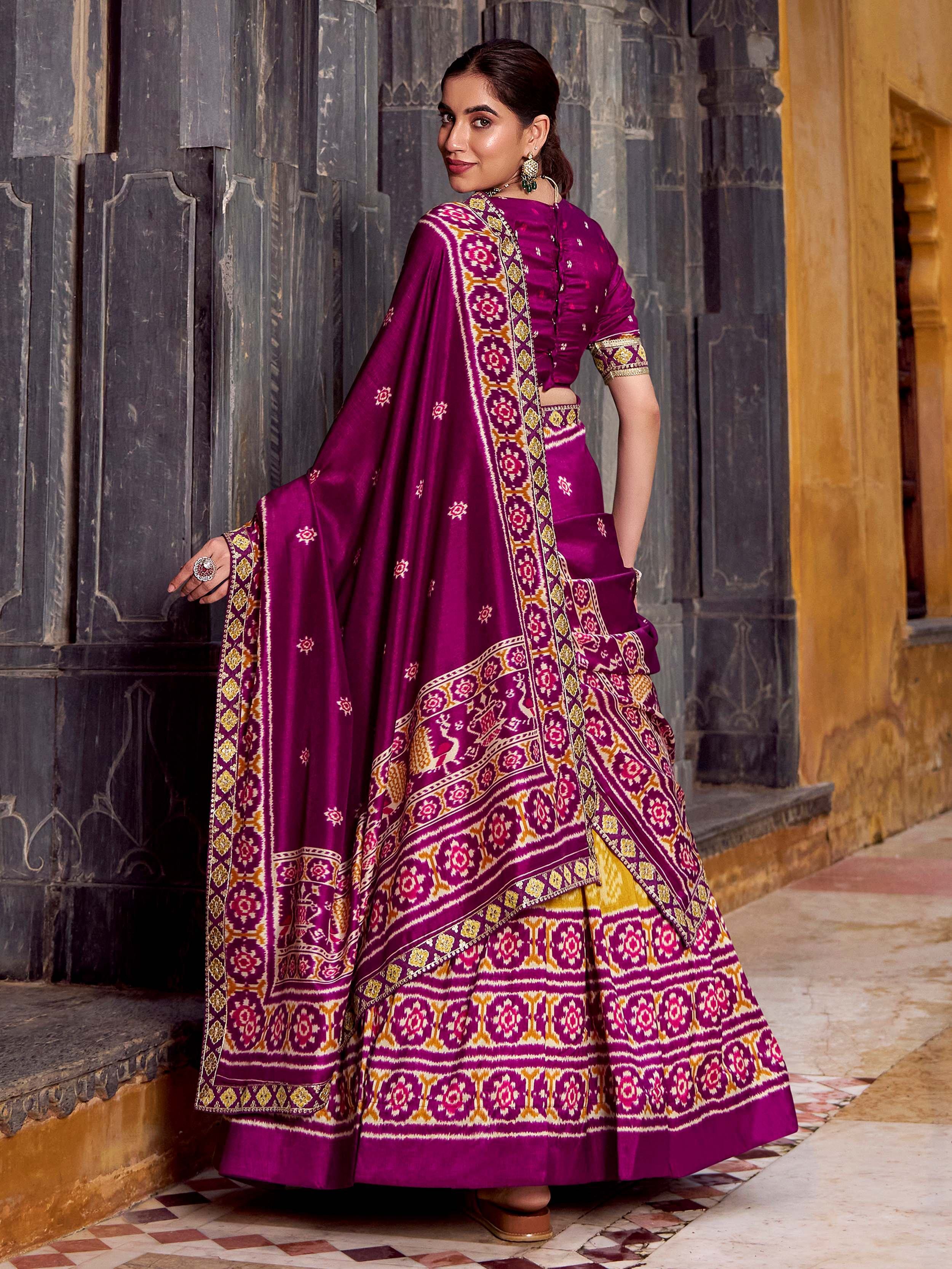 Mustard Beautiful Light Silk Ikkat Printed Lehenga Choli With Dupatta
