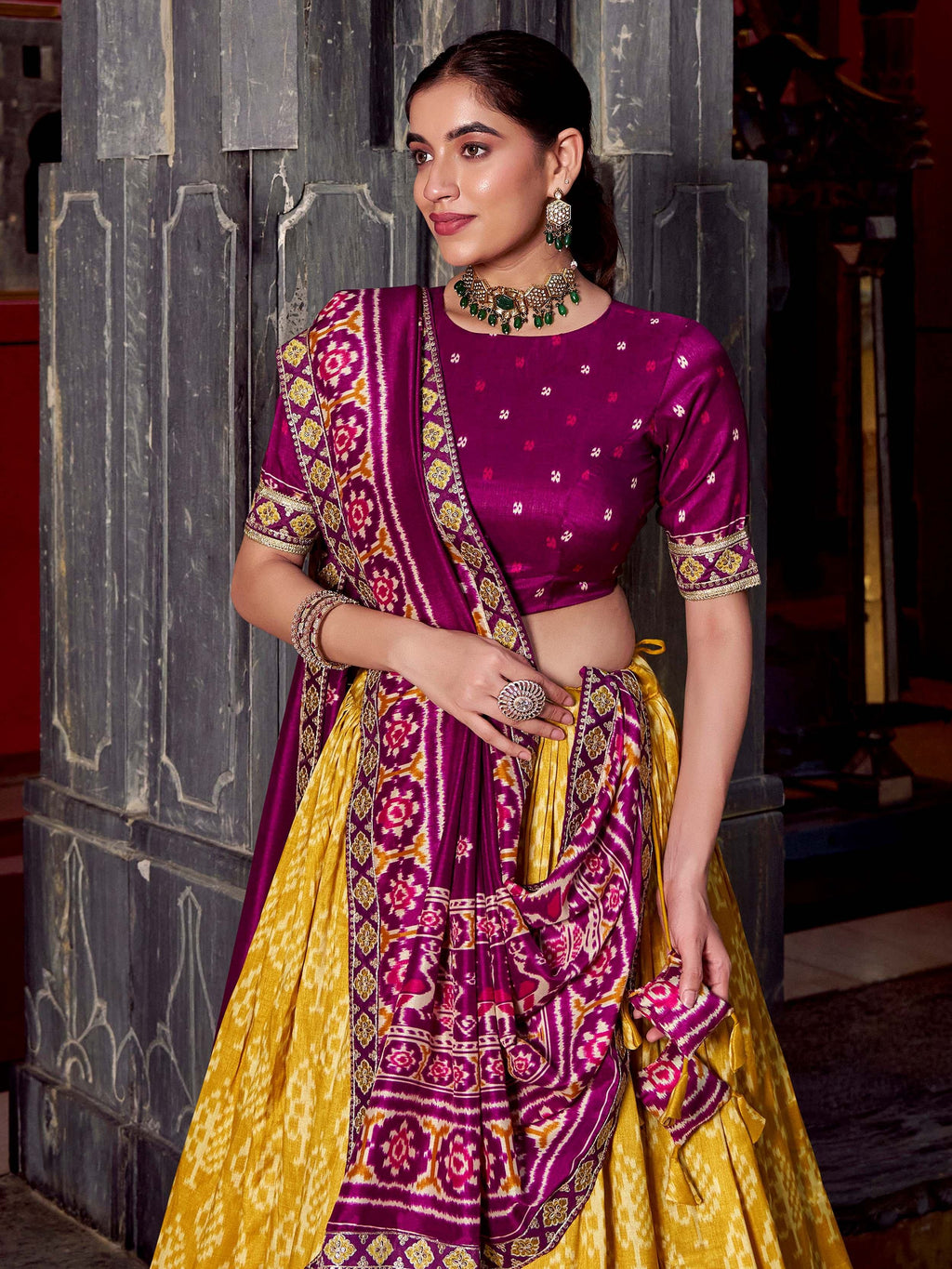 Mustard Beautiful Light Silk Ikkat Printed Lehenga Choli With Dupatta