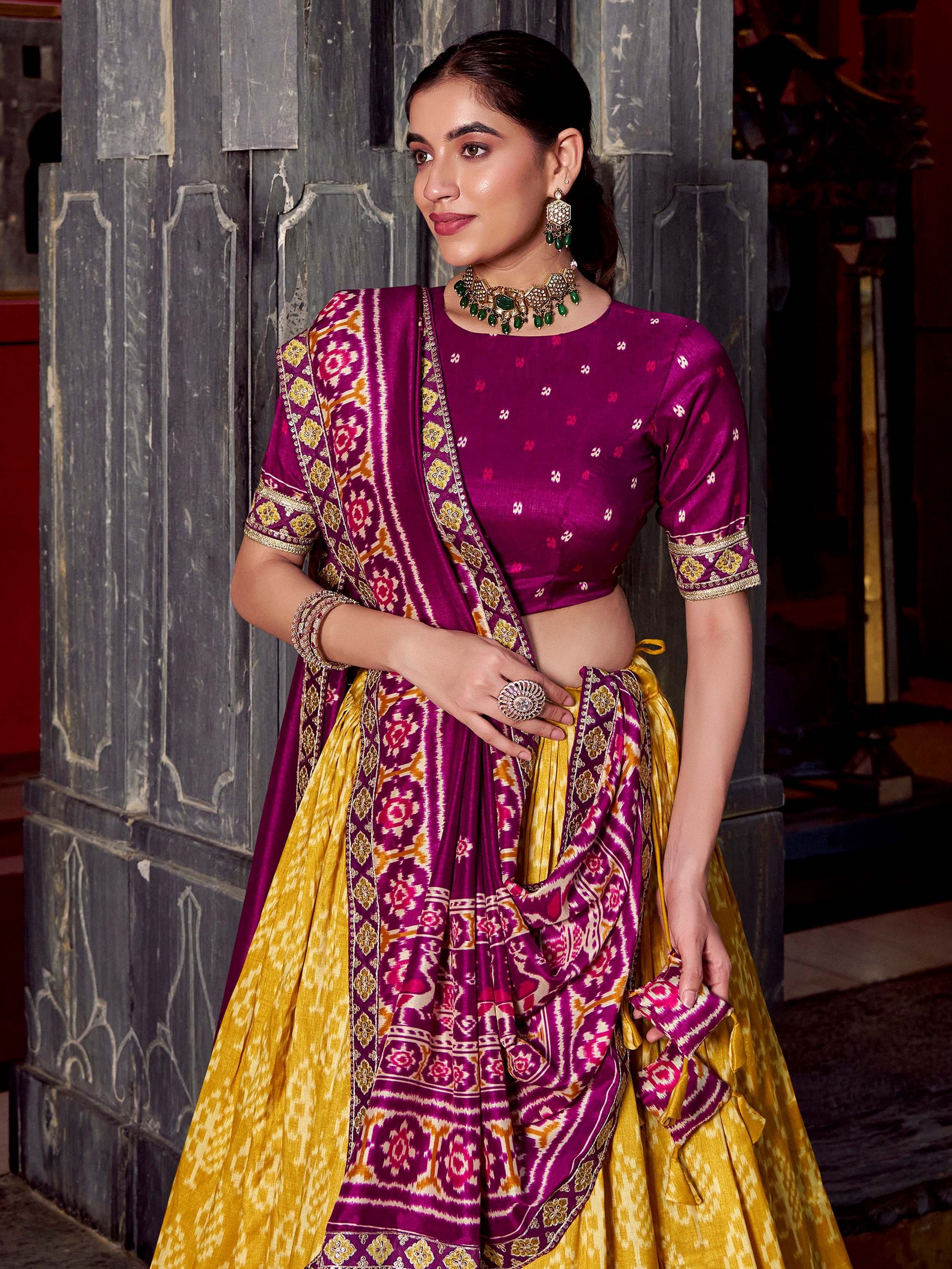 Mustard Beautiful Light Silk Ikkat Printed Lehenga Choli With Dupatta