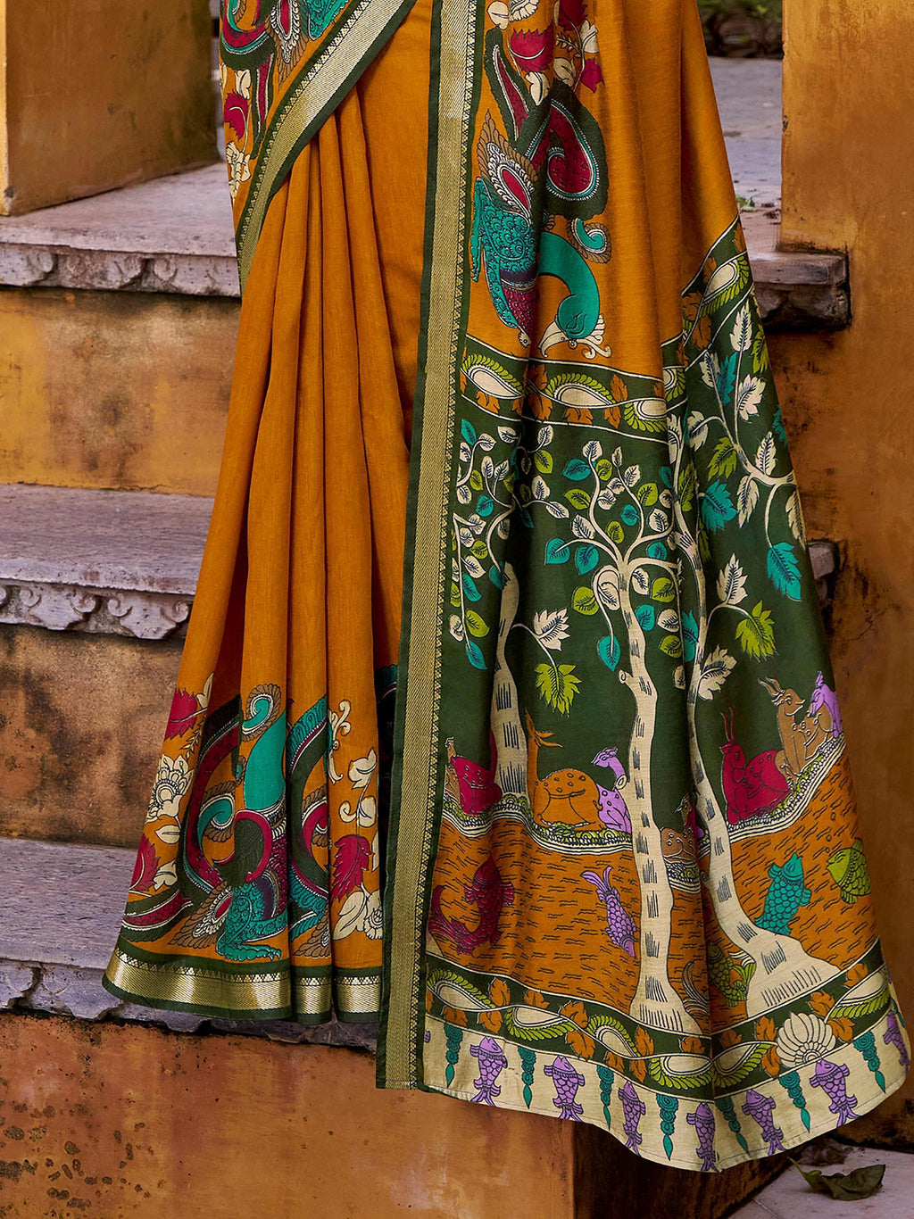 Mustard Enchanting Chanderi Weaving Saree With Blouse