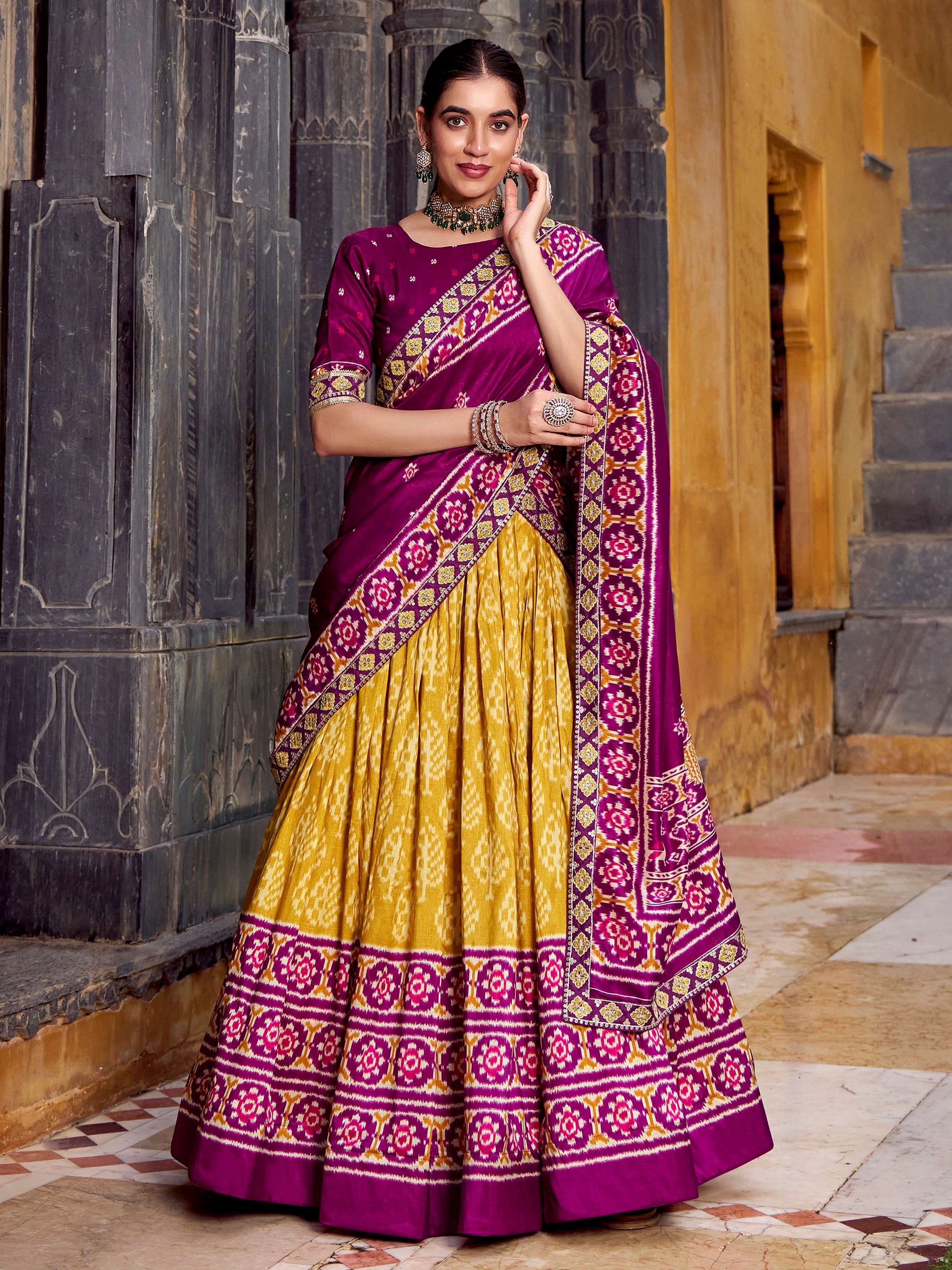 Mustard Beautiful Light Silk Ikkat Printed Lehenga Choli With Dupatta