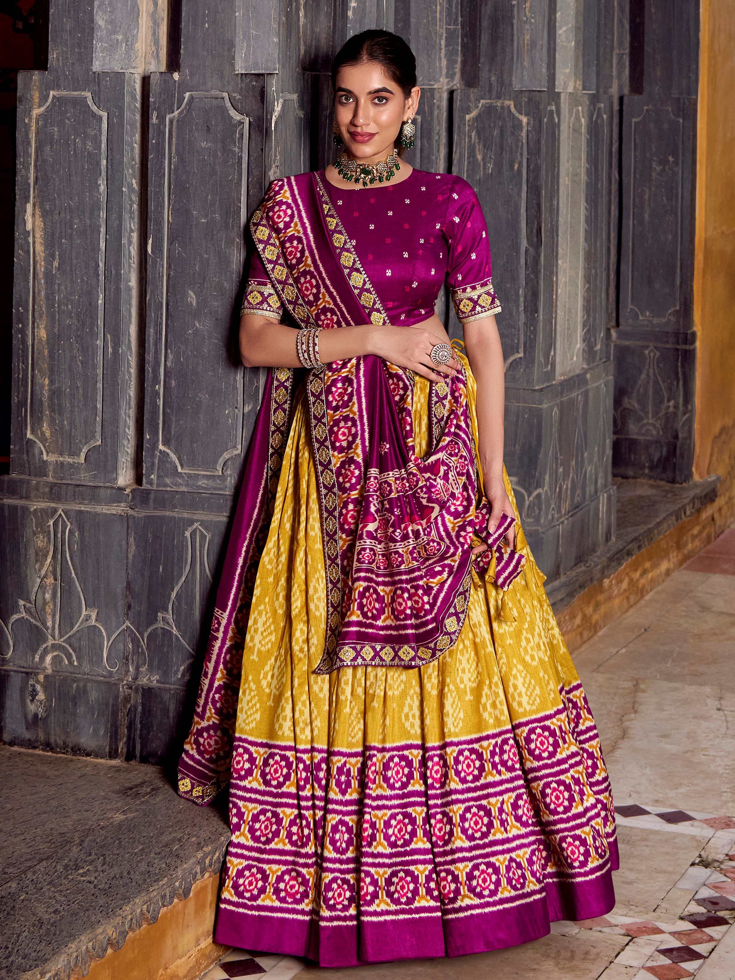 Mustard Beautiful Light Silk Ikkat Printed Lehenga Choli With Dupatta