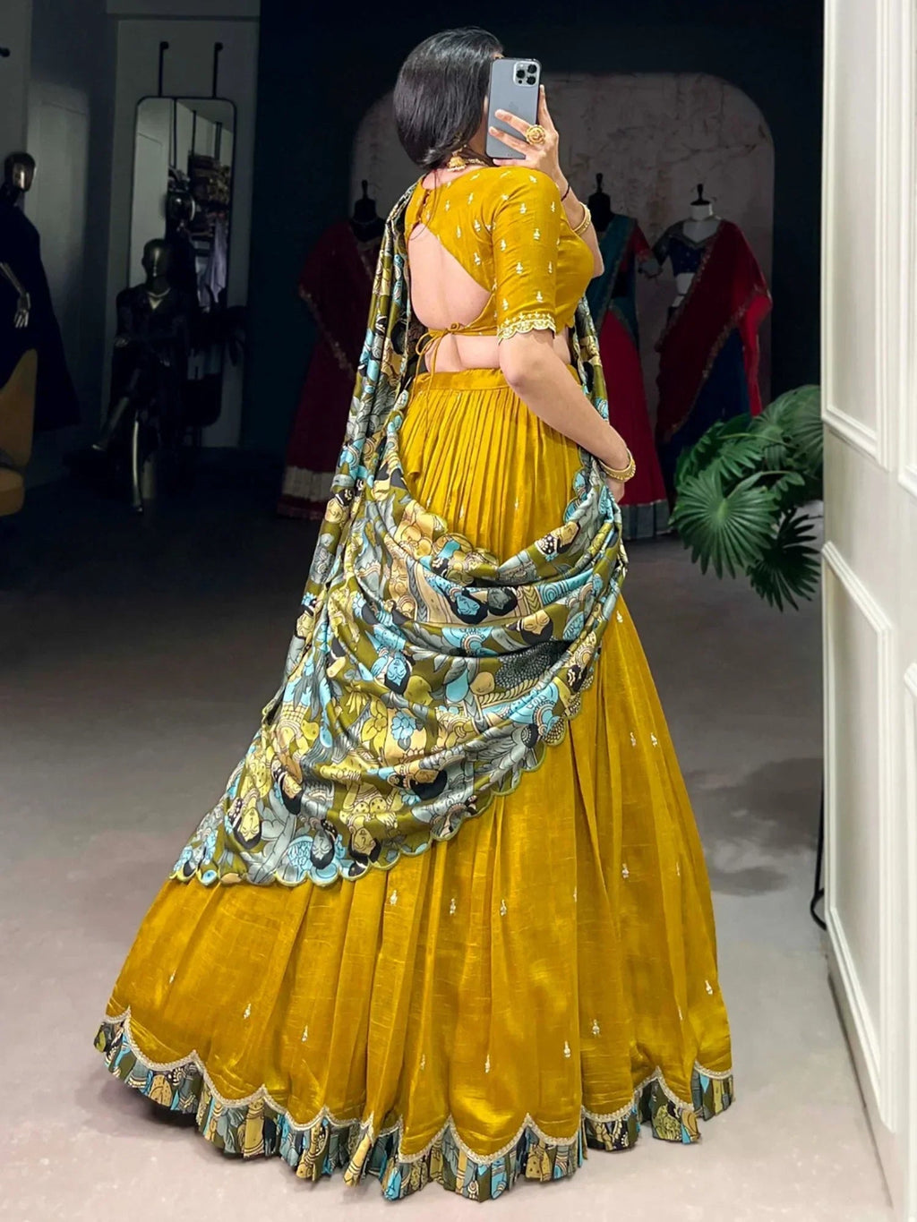 Yellow Gorgeous Thread Work Vichitra Silk Festive Wear Lehenga Choli