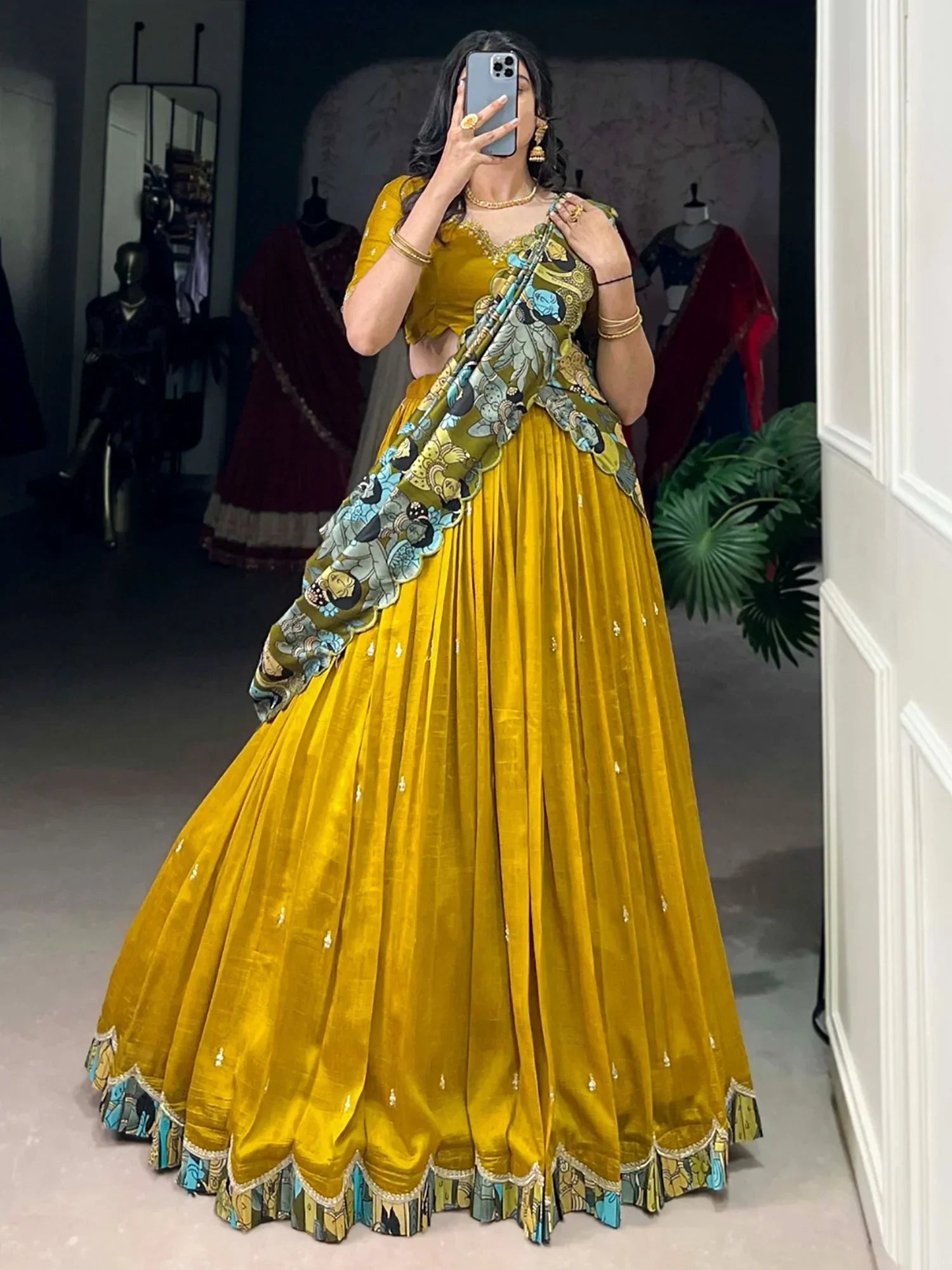 Yellow Gorgeous Thread Work Vichitra Silk Festive Wear Lehenga Choli
