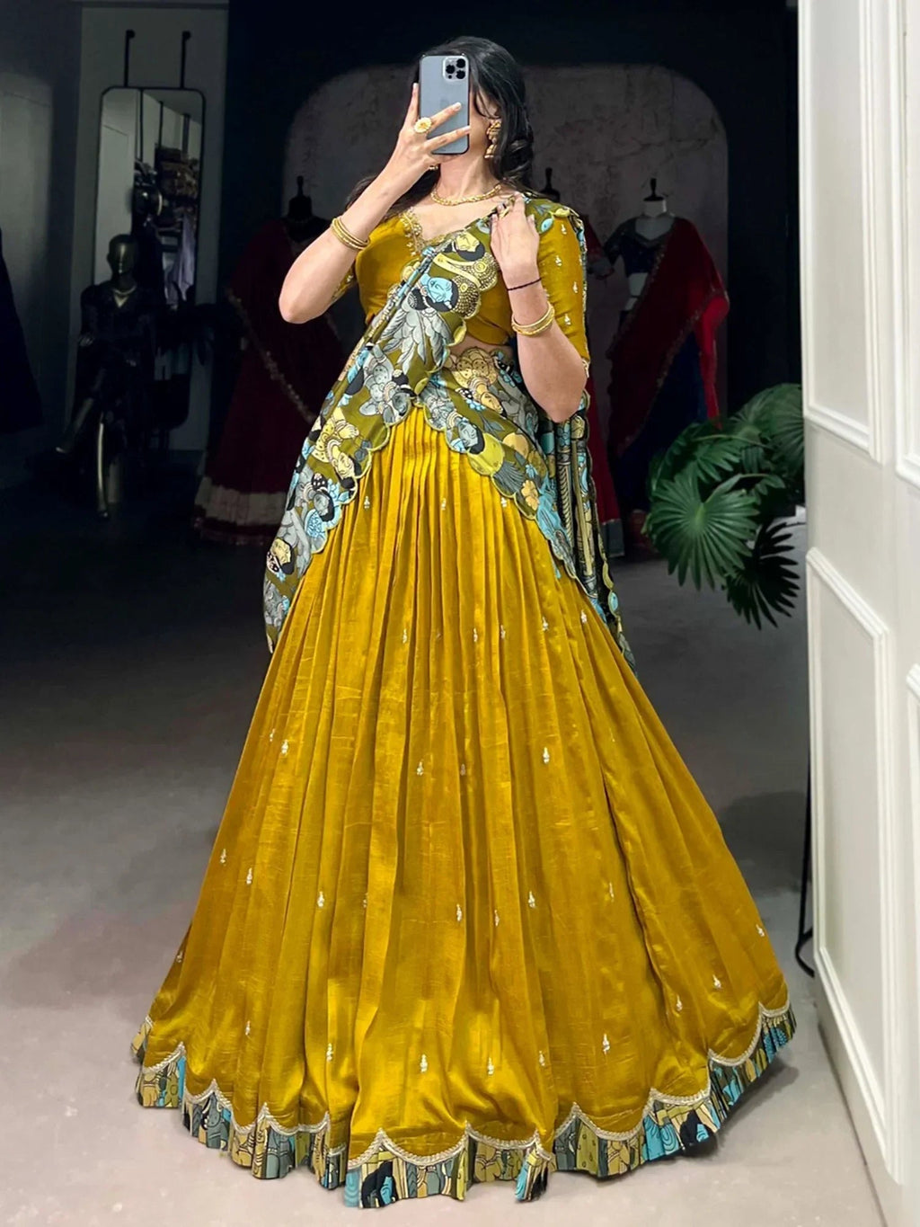 Yellow Gorgeous Thread Work Vichitra Silk Festive Wear Lehenga Choli
