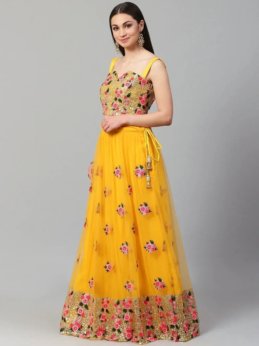 Yellow & Embroidered Semi-Stitched Myntra Lehenga & Unstitched Blouse with Dupatta