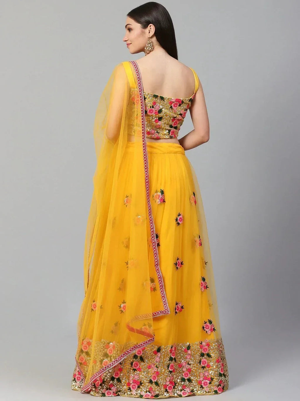 Yellow & Embroidered Semi-Stitched Myntra Lehenga & Unstitched Blouse with Dupatta