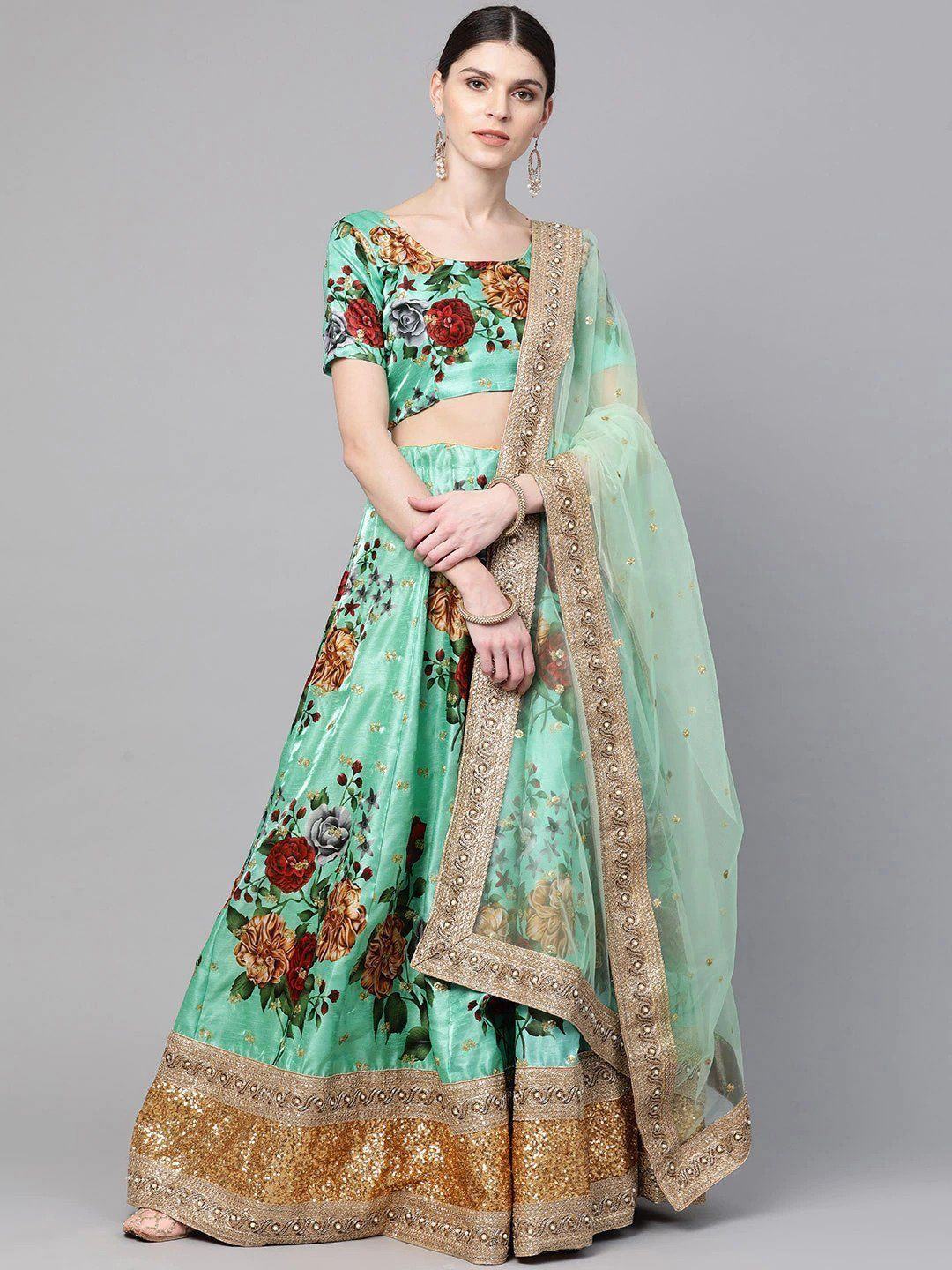 Green & Printed Semi-Stitched Myntra Lehenga & Unstitched Blouse with Dupatta