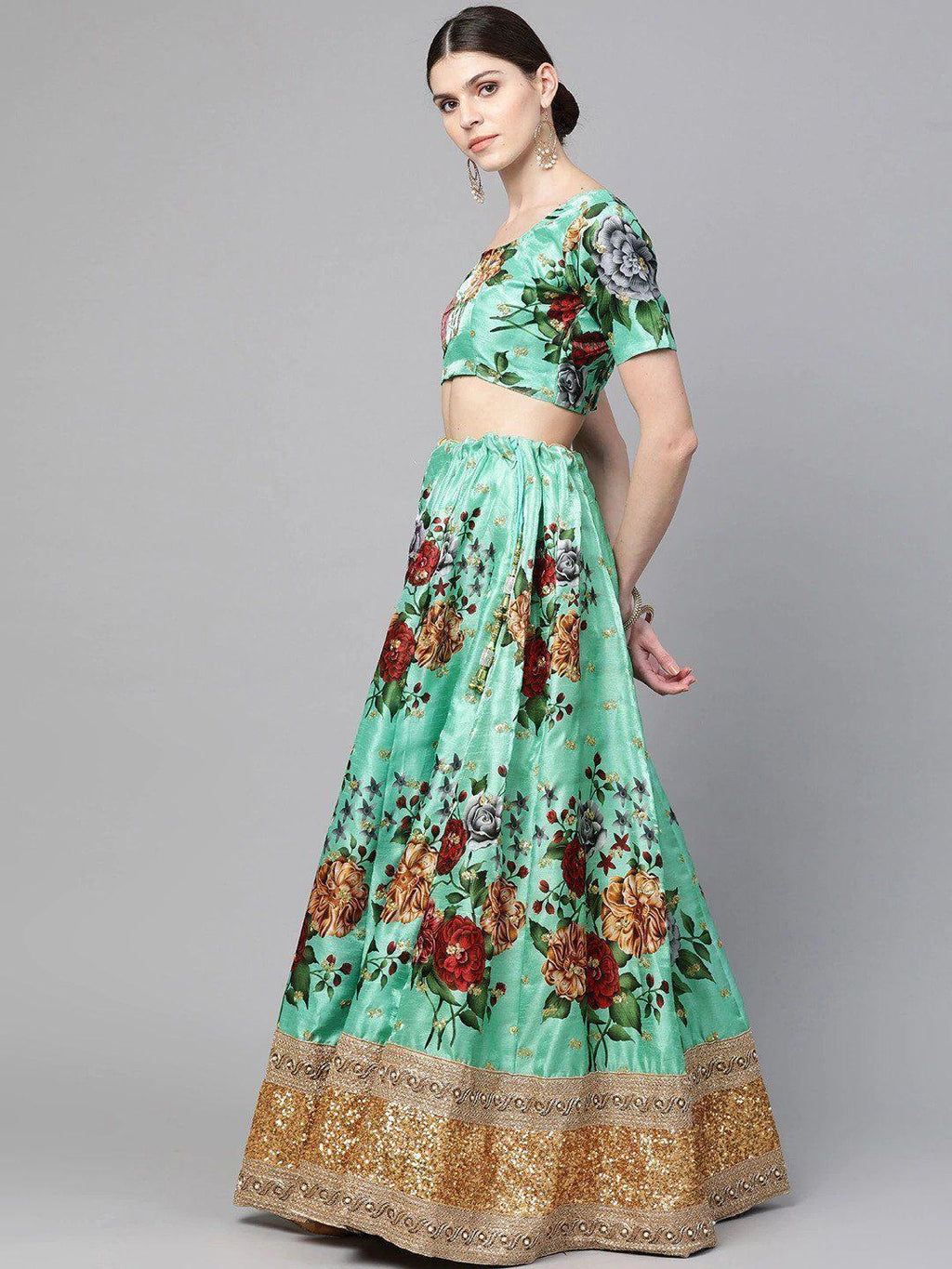 Green & Printed Semi-Stitched Myntra Lehenga & Unstitched Blouse with Dupatta