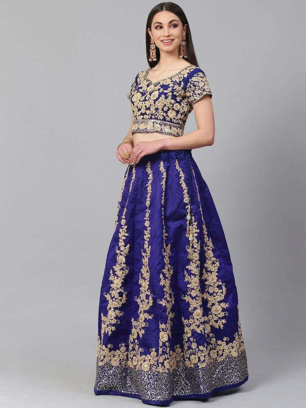 Blue & Toned Embroidered Semi-Stitched Myntra Lehenga & Unstitched Blouse with Dupatta