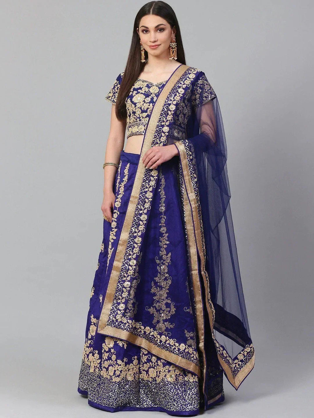 Blue & Toned Embroidered Semi-Stitched Myntra Lehenga & Unstitched Blouse with Dupatta