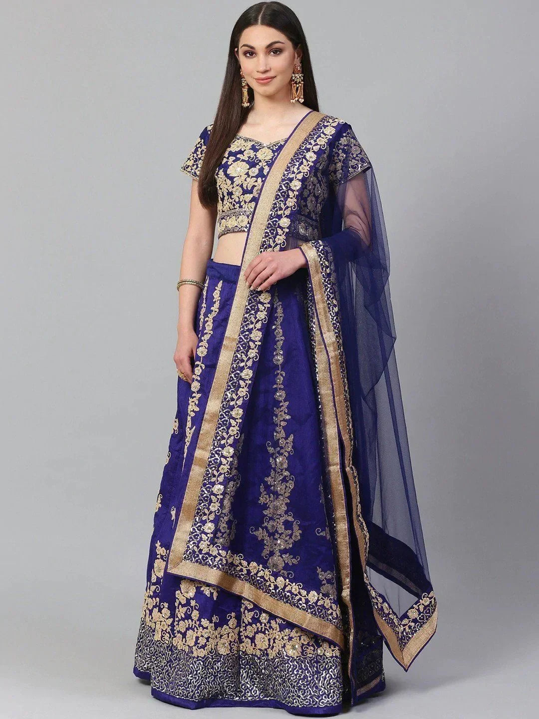 Blue & Toned Embroidered Semi-Stitched Myntra Lehenga & Unstitched Blouse with Dupatta