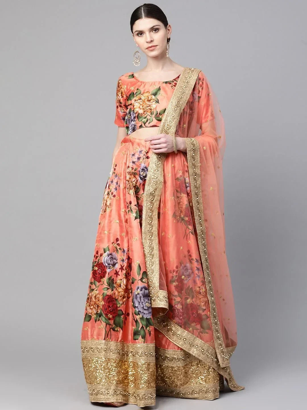 Peach & Printed Semi-Stitched Myntra Lehenga & Unstitched Blouse with Dupatta