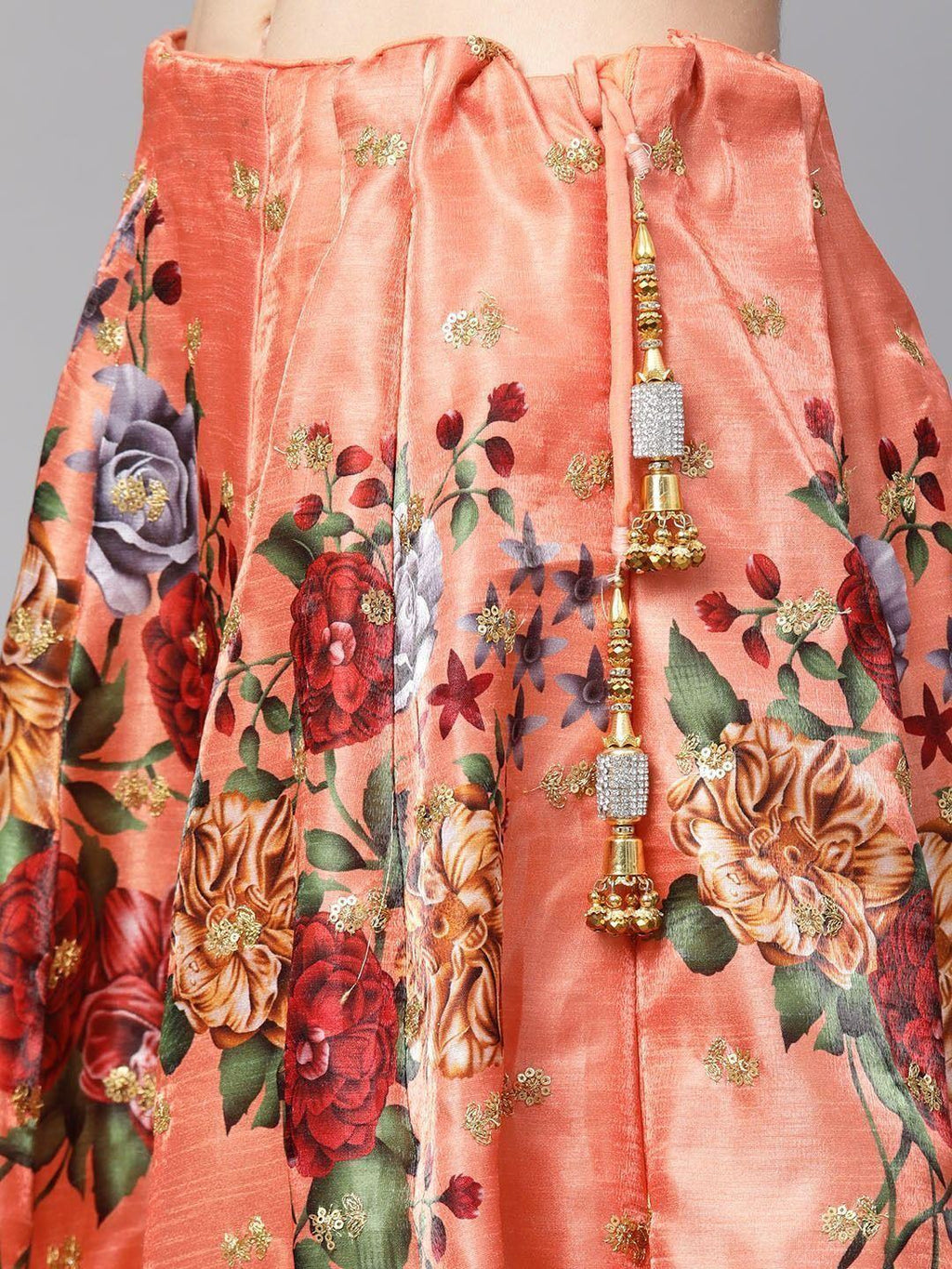 Peach & Printed Semi-Stitched Myntra Lehenga & Unstitched Blouse with Dupatta