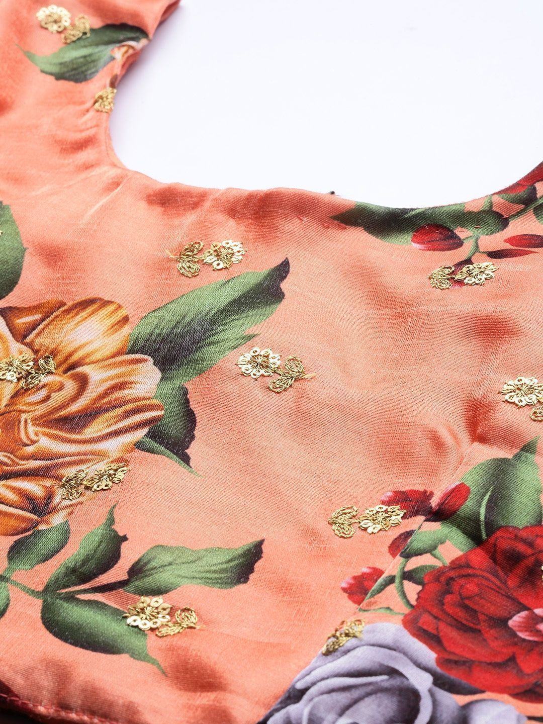 Peach & Printed Semi-Stitched Myntra Lehenga & Unstitched Blouse with Dupatta