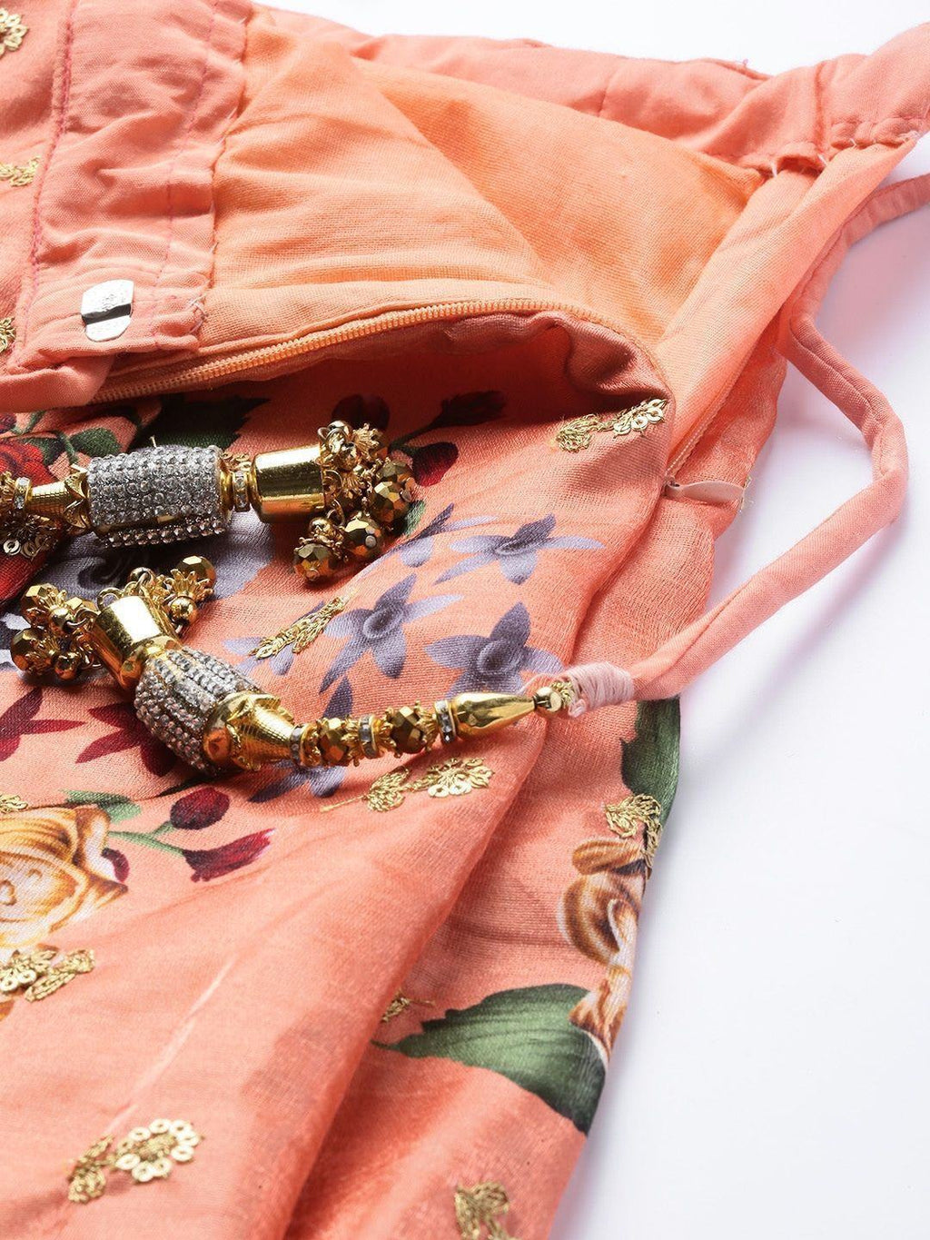 Peach & Printed Semi-Stitched Myntra Lehenga & Unstitched Blouse with Dupatta