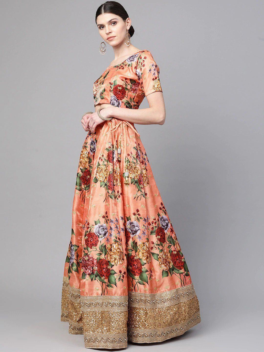 Peach & Printed Semi-Stitched Myntra Lehenga & Unstitched Blouse with Dupatta