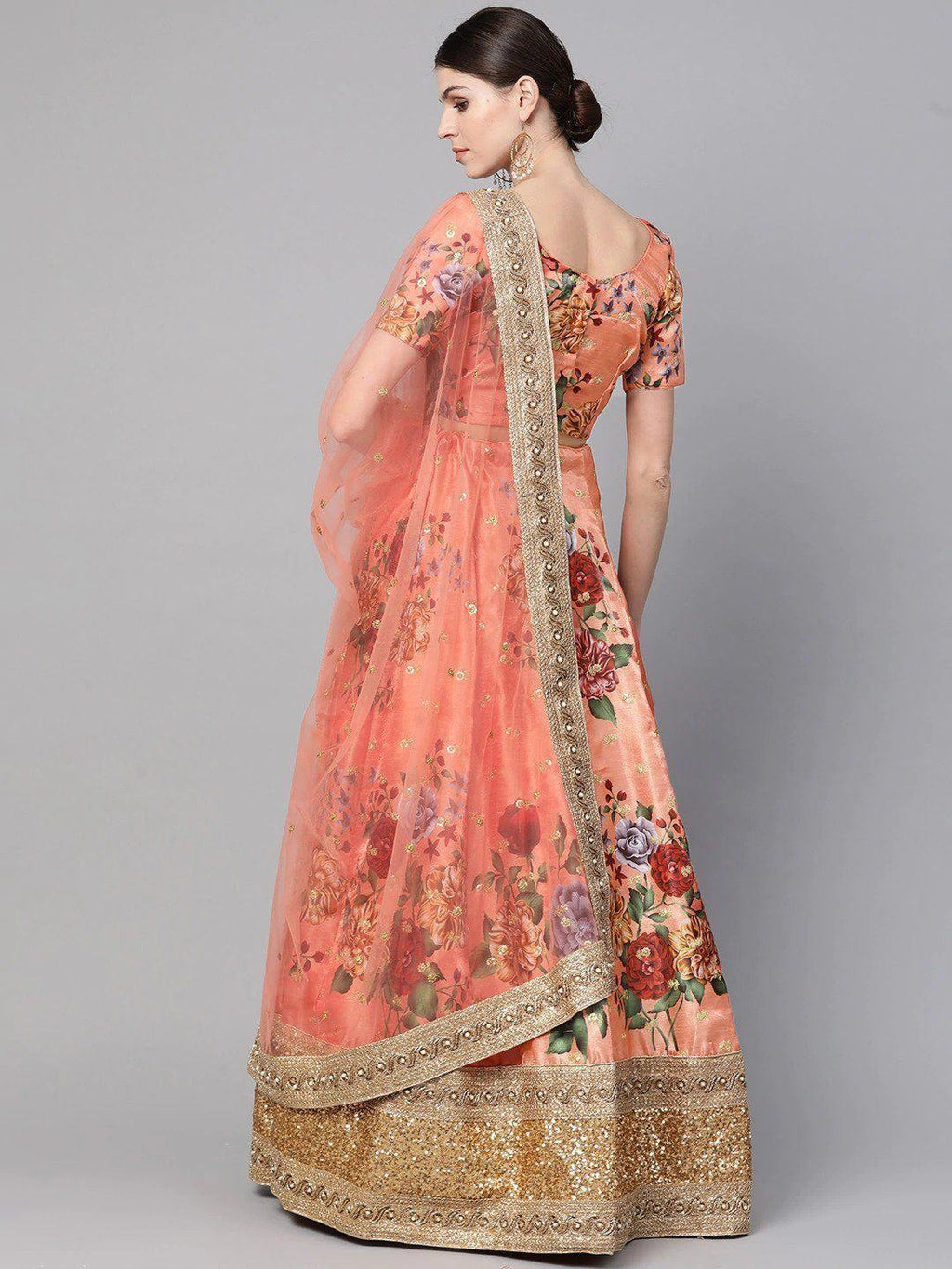 Peach & Printed Semi-Stitched Myntra Lehenga & Unstitched Blouse with Dupatta