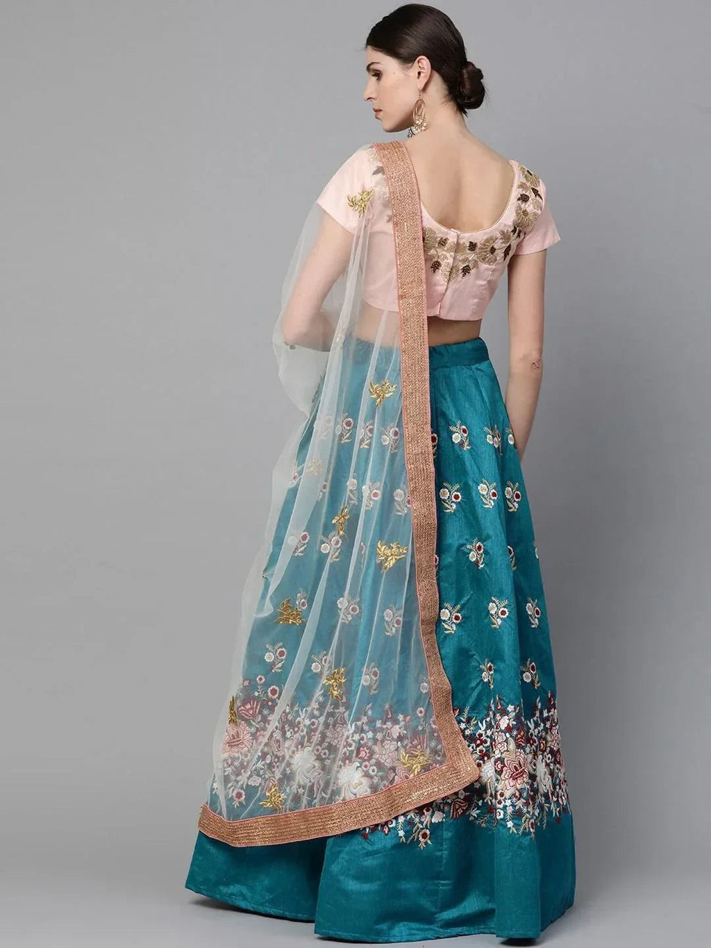 Turquoise & Coloured Embroidered Semi-Stitched Myntra Lehenga & Unstitched Blouse with Dupatta