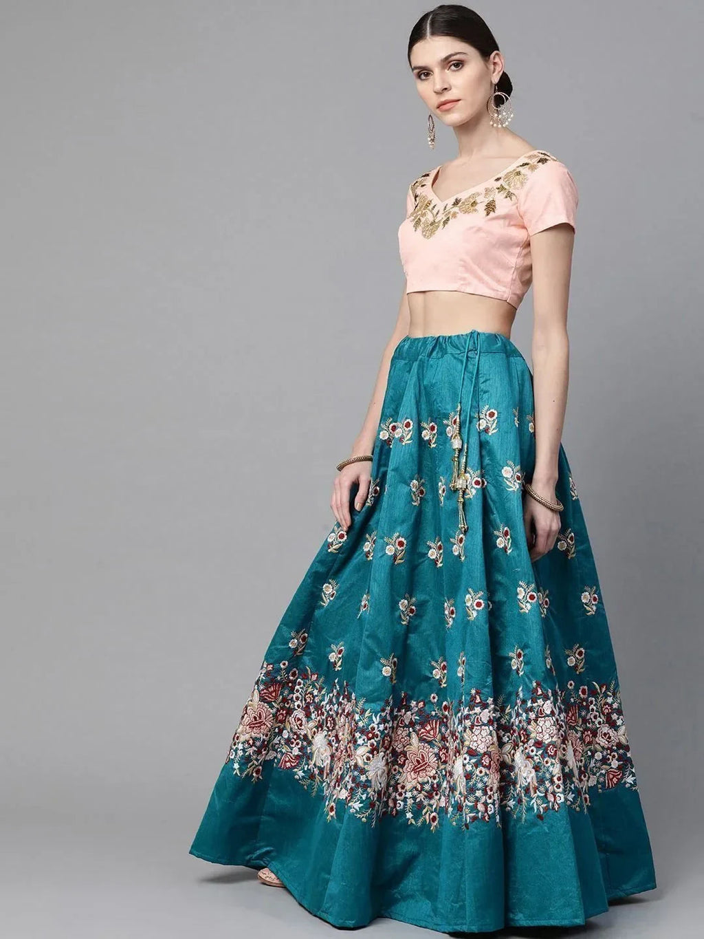 Turquoise & Coloured Embroidered Semi-Stitched Myntra Lehenga & Unstitched Blouse with Dupatta