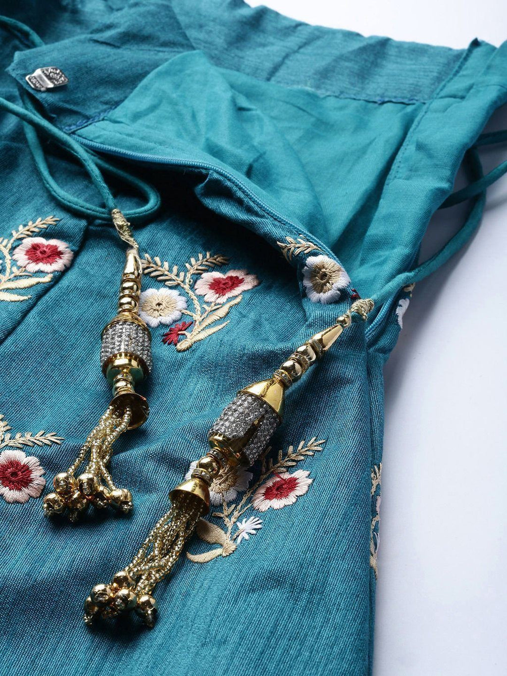 Turquoise & Coloured Embroidered Semi-Stitched Myntra Lehenga & Unstitched Blouse with Dupatta