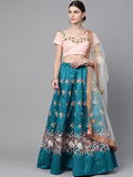 Turquoise & Coloured Embroidered Semi-Stitched Myntra Lehenga & Unstitched Blouse with Dupatta