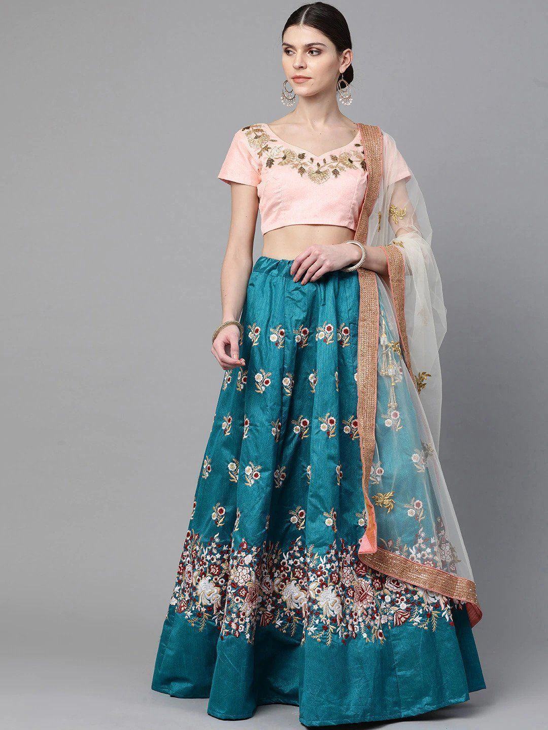 Turquoise & Coloured Embroidered Semi-Stitched Myntra Lehenga & Unstitched Blouse with Dupatta