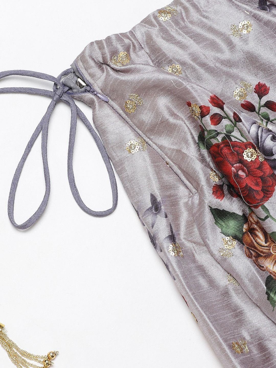 Grey & Printed Semi-Stitched Myntra Lehenga & Unstitched Blouse with Dupatta