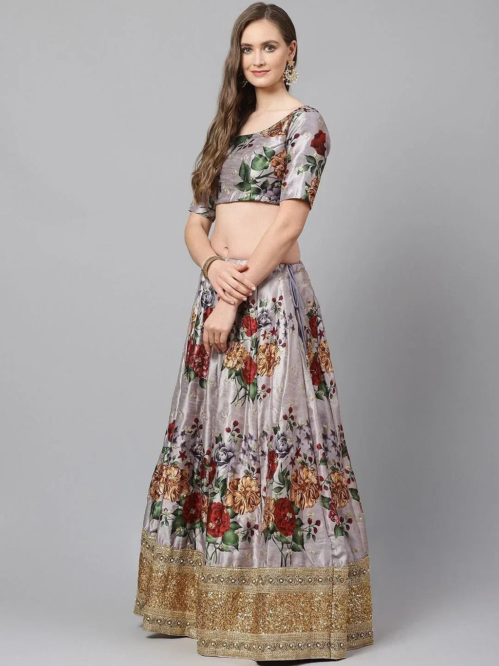 Grey & Printed Semi-Stitched Myntra Lehenga & Unstitched Blouse with Dupatta