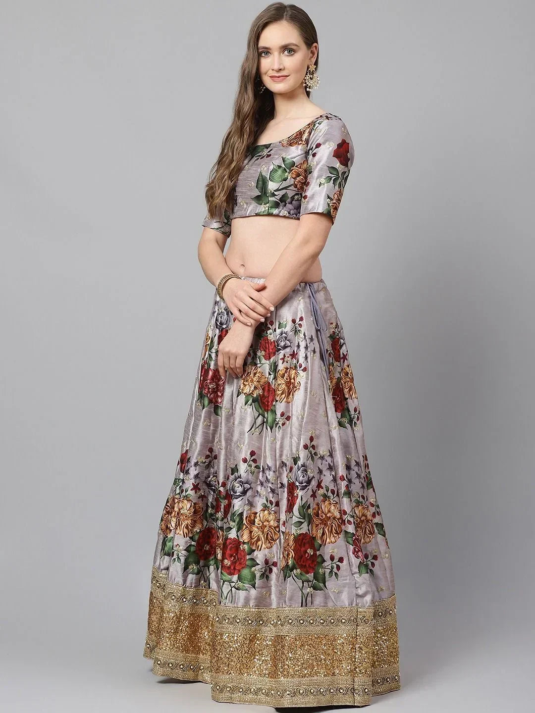 Grey & Printed Semi-Stitched Myntra Lehenga & Unstitched Blouse with Dupatta