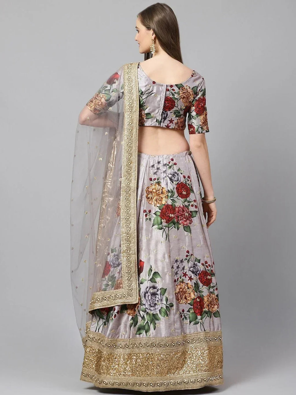 Grey & Printed Semi-Stitched Myntra Lehenga & Unstitched Blouse with Dupatta