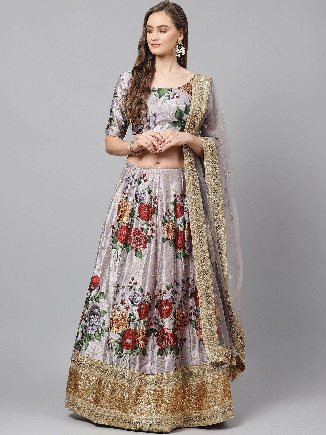Grey & Printed Semi-Stitched Myntra Lehenga & Unstitched Blouse with Dupatta