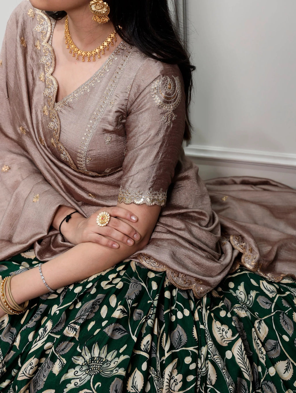 Green Alluring Kalamkari Printed Silk Festive Wear Half Saree Lehenga