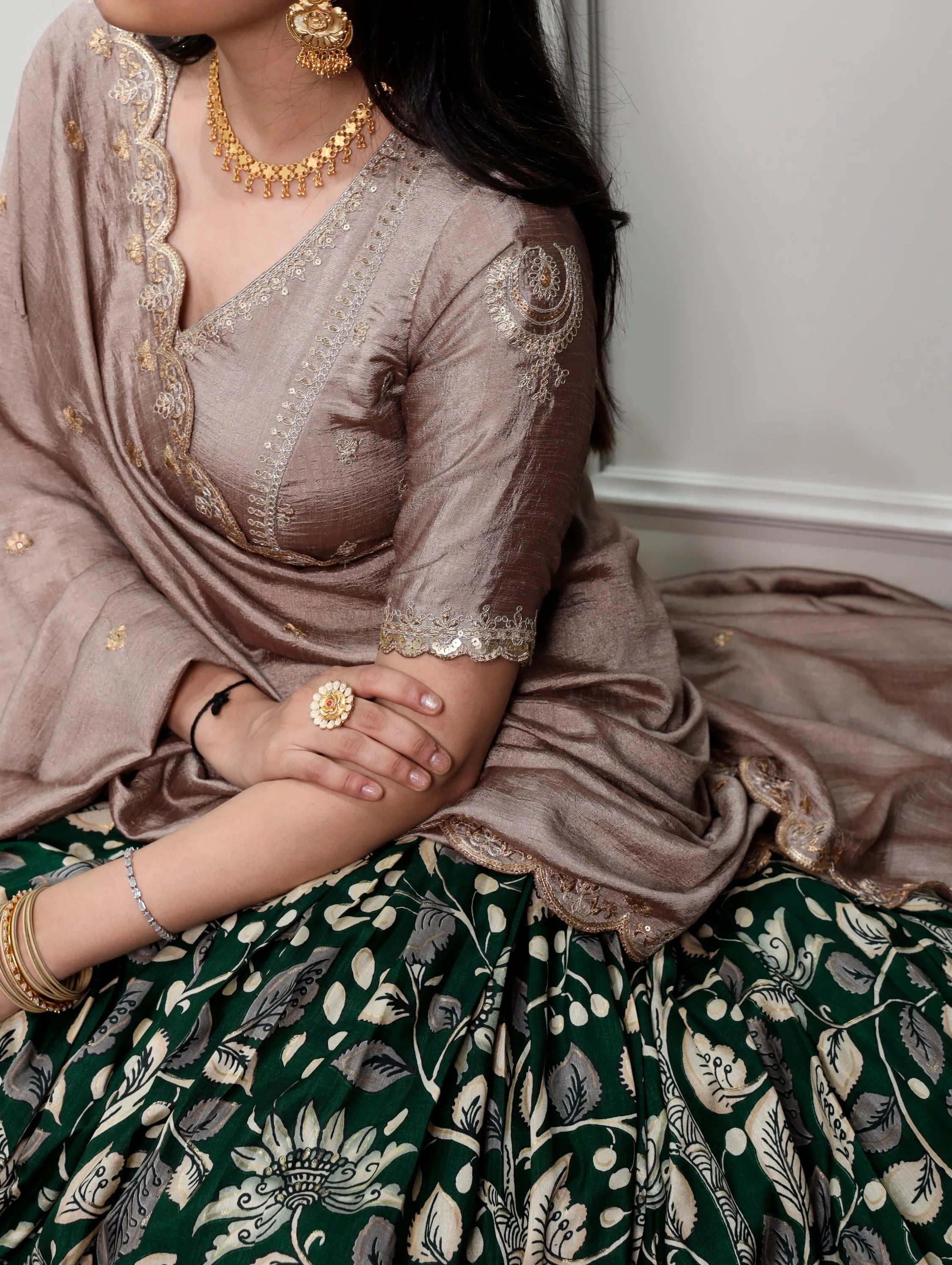 Green Alluring Kalamkari Printed Silk Festive Wear Half Saree Lehenga