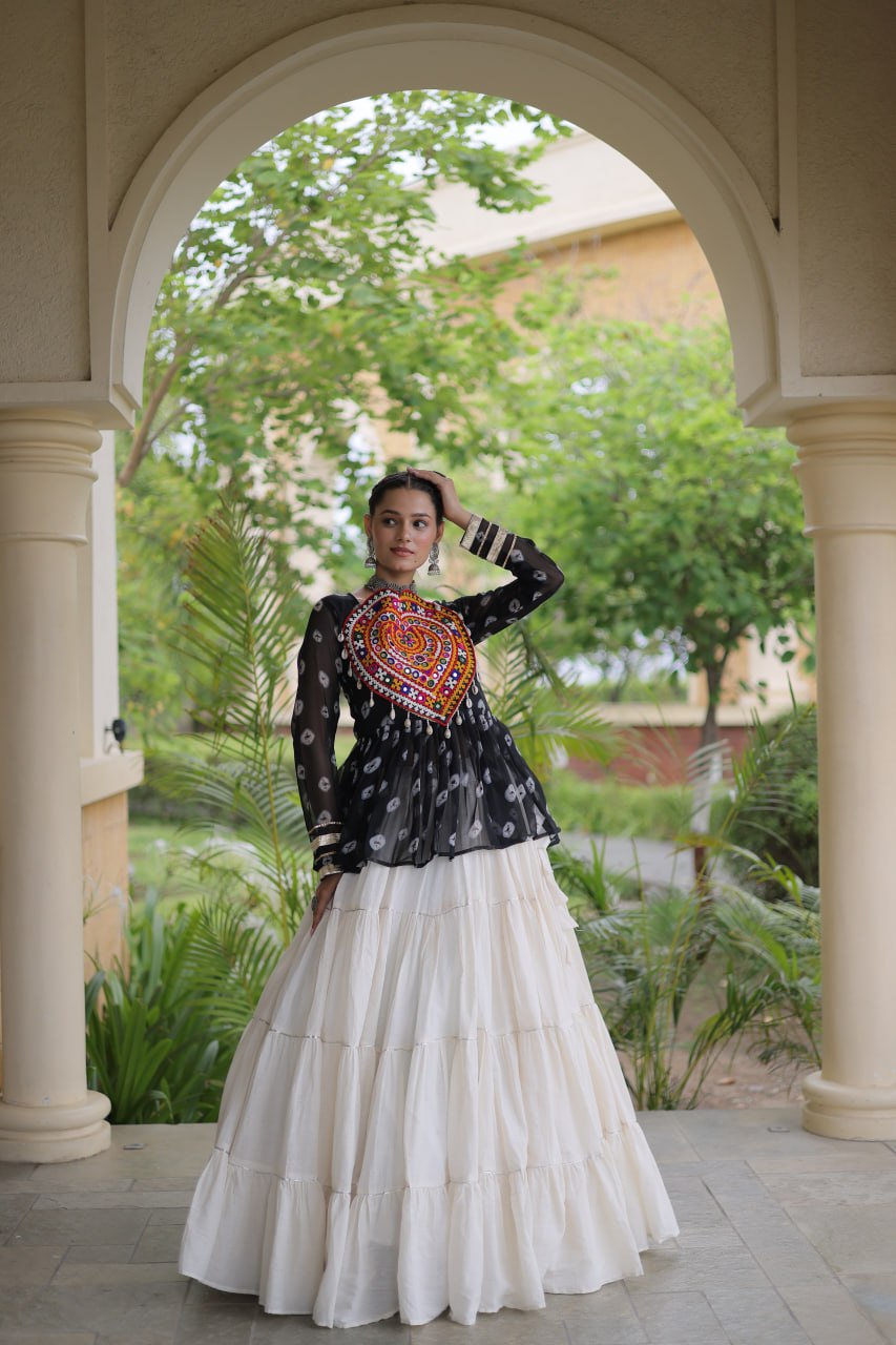 Navratri Kora Cotton Lehenga Choli with Bandhani Print Top