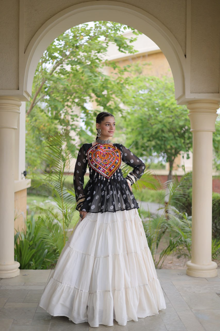 Navratri Kora Cotton Lehenga Choli with Bandhani Print Top