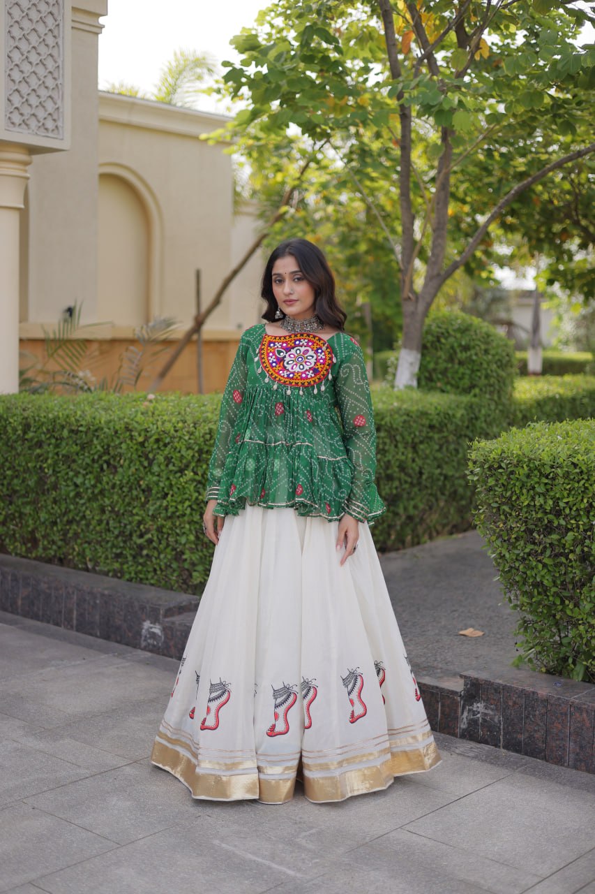 Navratri Kora Cotton Lehenga Choli with Bandhani Top