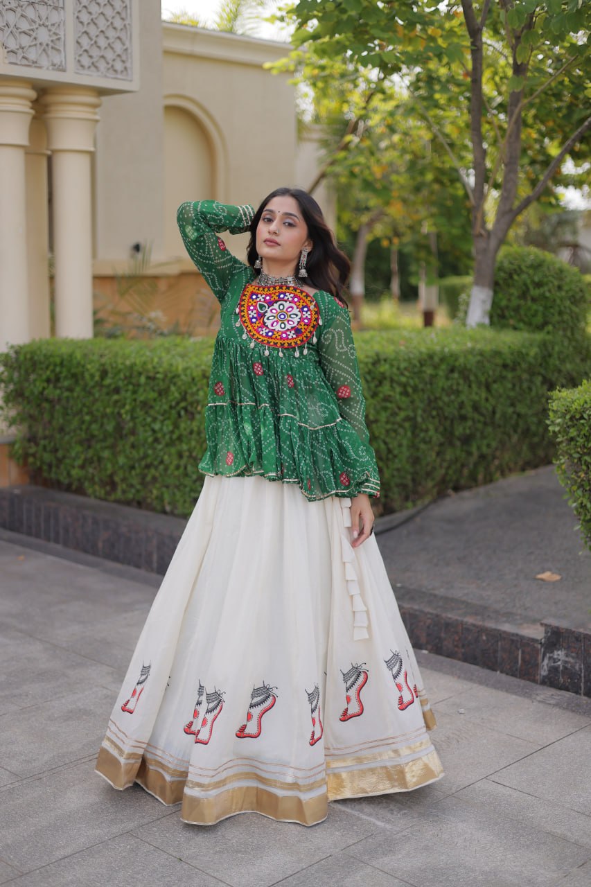 Navratri Kora Cotton Lehenga Choli with Bandhani Top