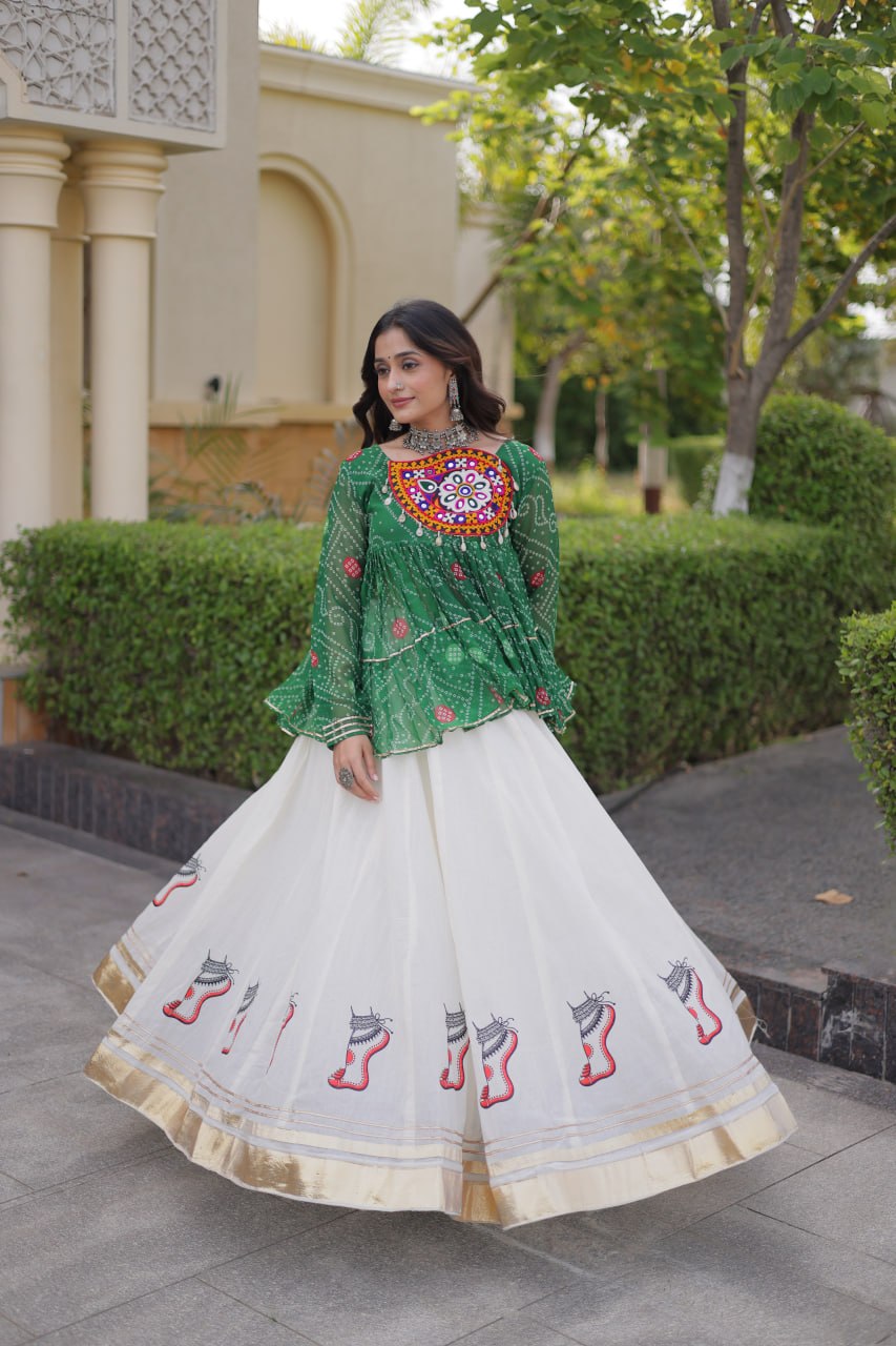 Navratri Kora Cotton Lehenga Choli with Bandhani Top