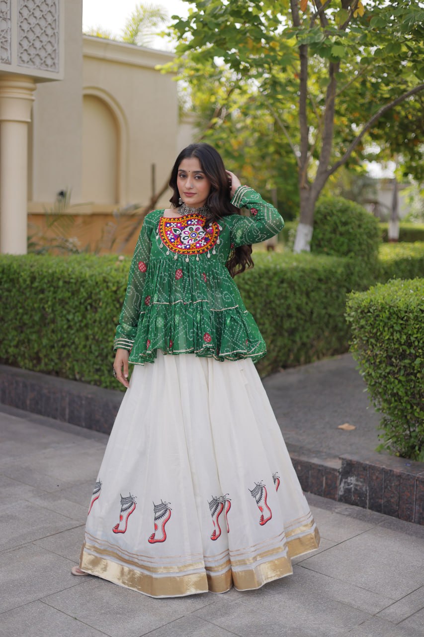 Navratri Kora Cotton Lehenga Choli with Bandhani Top