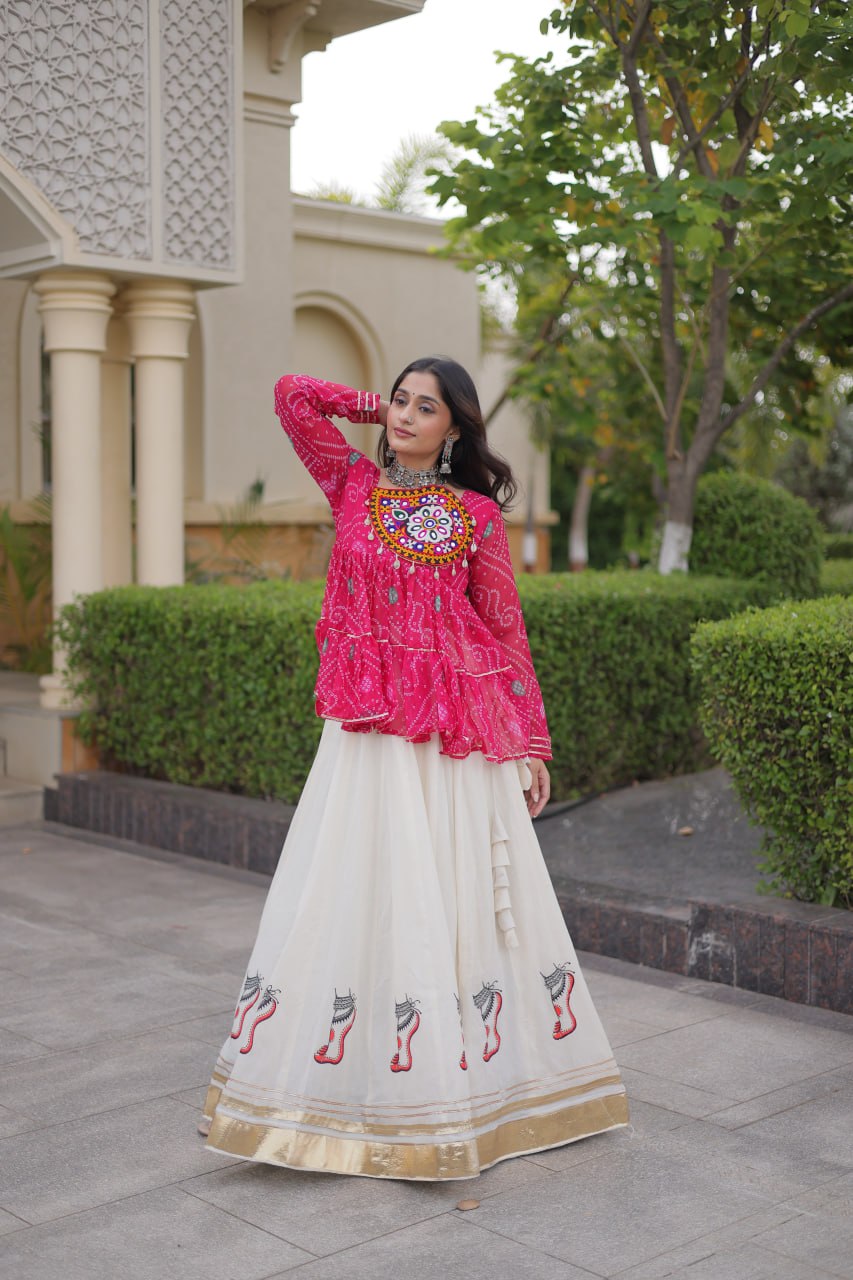 Navratri Kora Cotton Lehenga Choli with Bandhani Top