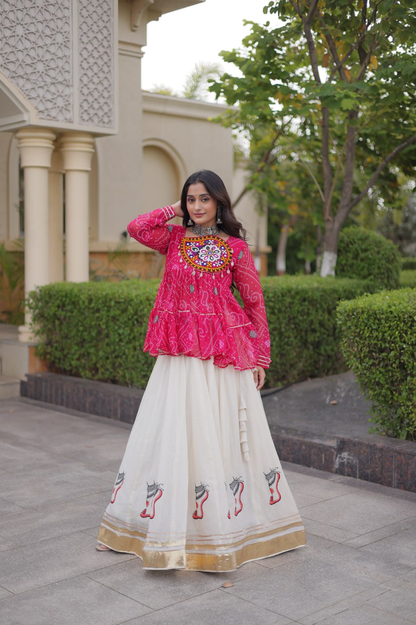 Navratri Kora Cotton Lehenga Choli with Bandhani Top