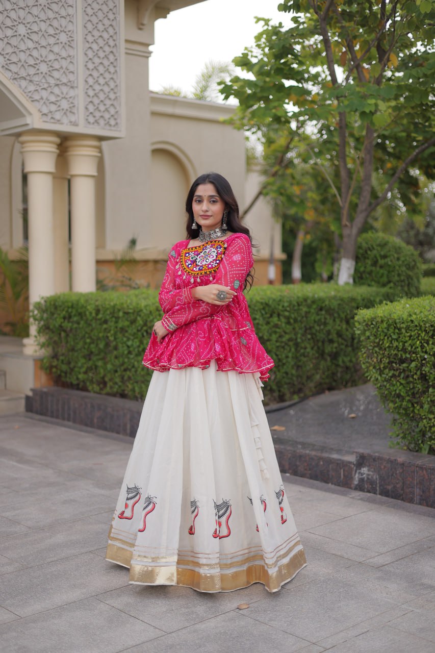 Navratri Kora Cotton Lehenga Choli with Bandhani Top