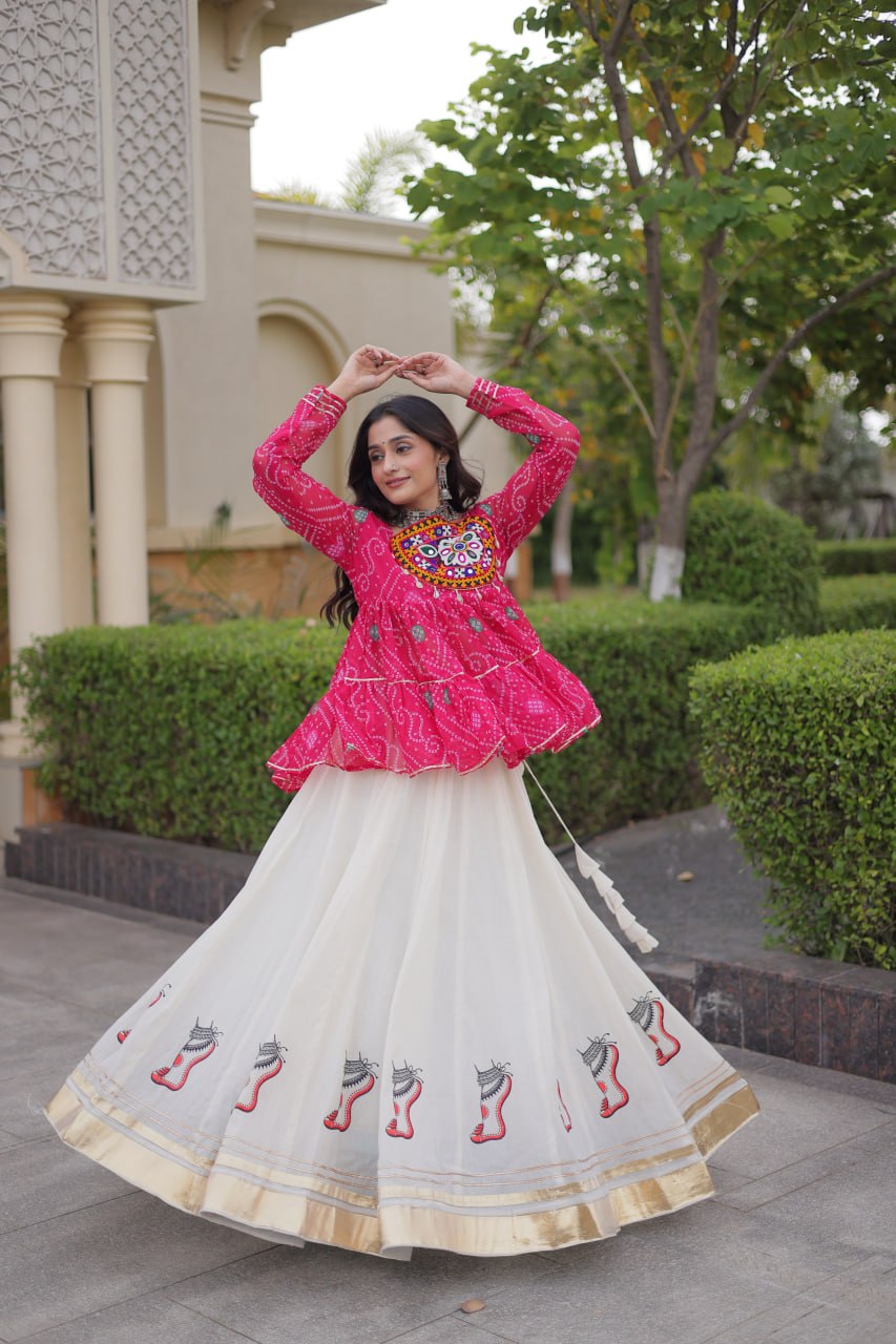 Navratri Kora Cotton Lehenga Choli with Bandhani Top