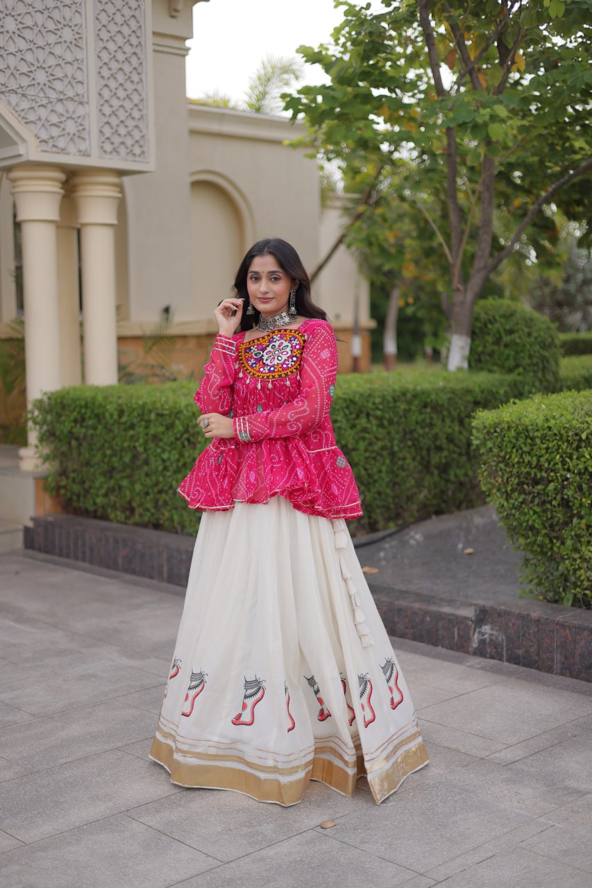 Navratri Kora Cotton Lehenga Choli with Bandhani Top