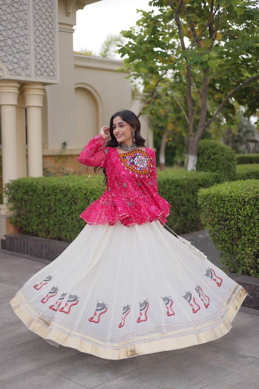 Navratri Kora Cotton Lehenga Choli with Bandhani Top