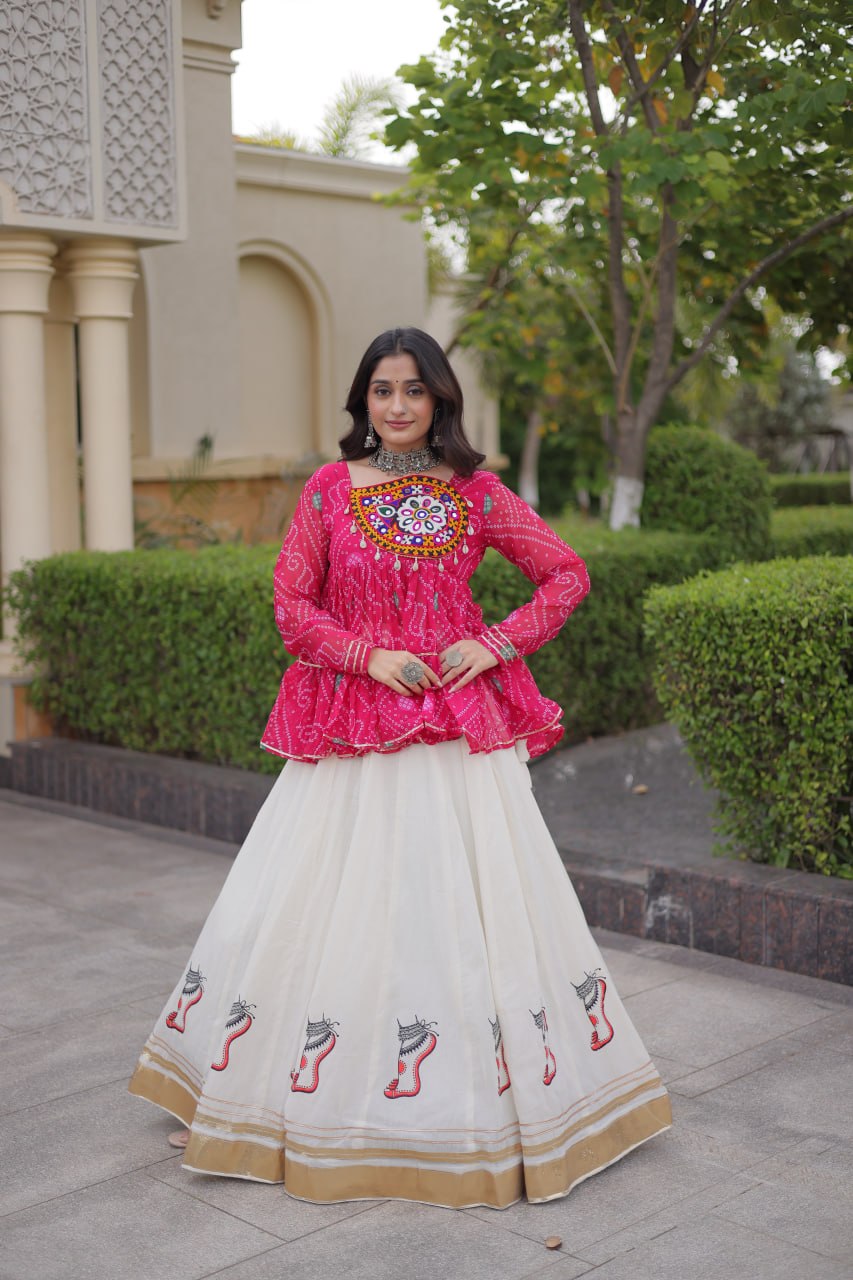 Navratri Kora Cotton Lehenga Choli with Bandhani Top