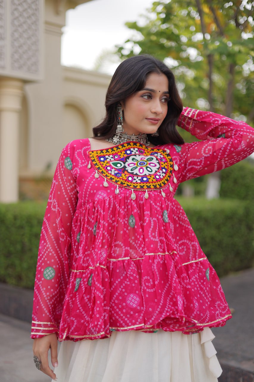 Navratri Kora Cotton Lehenga Choli with Bandhani Top