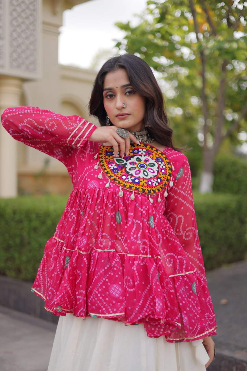 Navratri Kora Cotton Lehenga Choli with Bandhani Top