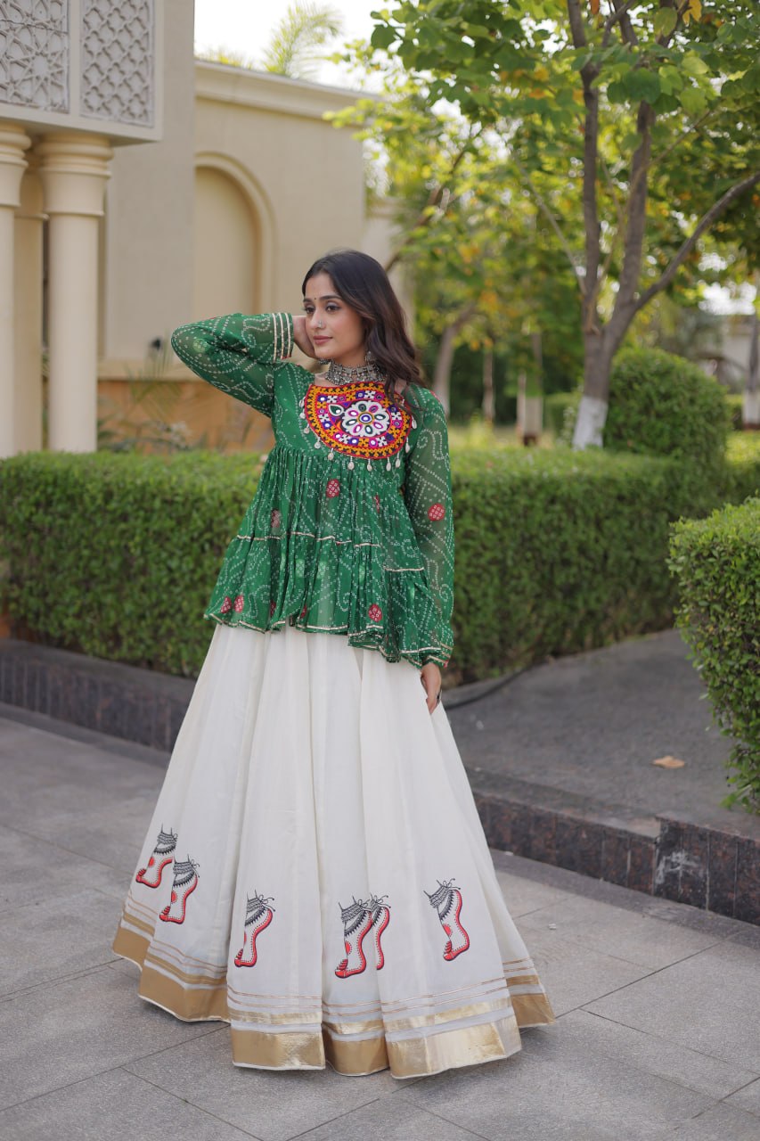 Navratri Kora Cotton Lehenga Choli with Bandhani Top